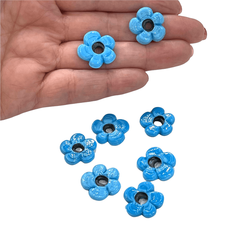 Hand Made Murano Glass Large Hole Sky Blue Flower Beads, 50 Beads in a pack