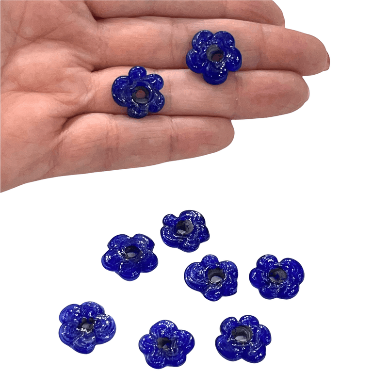 Hand Made Murano Glass Large Hole Navy Flower Beads, 10 Beads in a pack