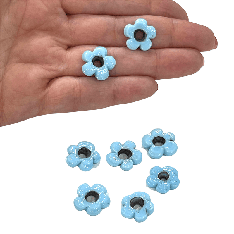 Hand Made Murano Glass Large Hole Blue Flower Beads, 25 Beads in a pack