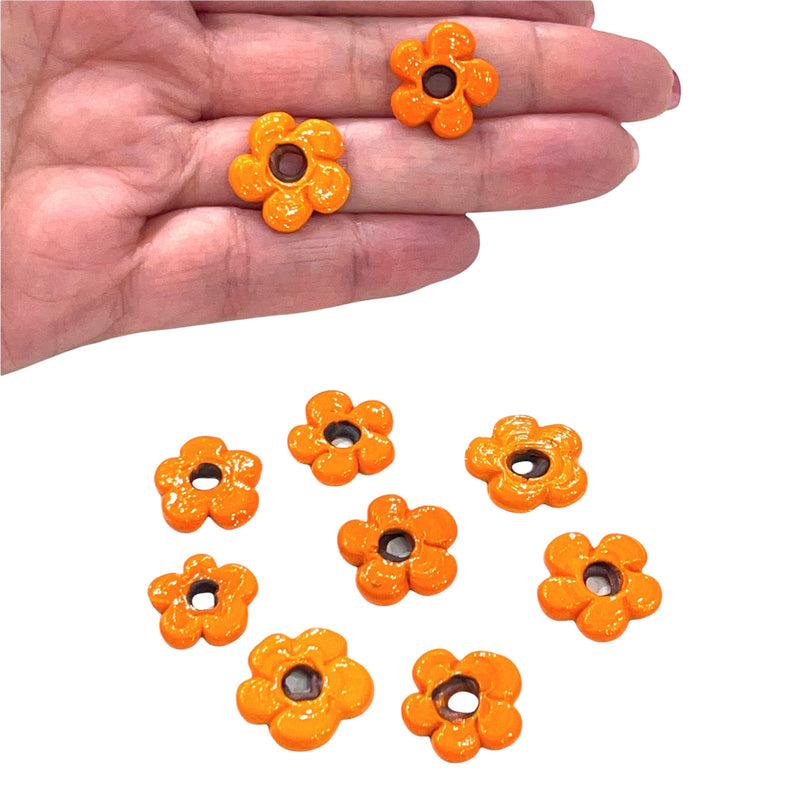 Hand Made Murano Glass Large Hole Orange Flower Beads, 50 Beads in a pack