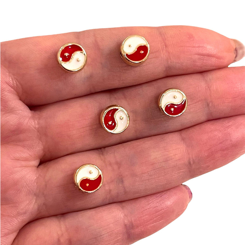 24Kt Gold Plated Red Enamelled Double-Sided Yin Yang Spacer Charms, 5 Pcs in a pack