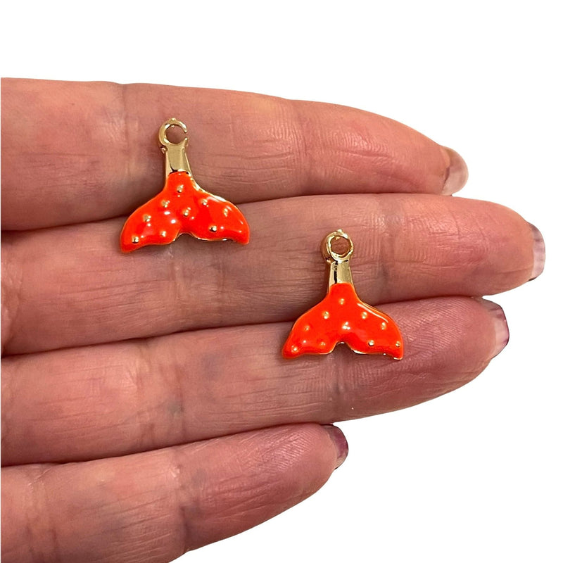 24Kt Gold Plated Neon Orange Enamelled Whale Tail Charms, 2 pcs in a pack