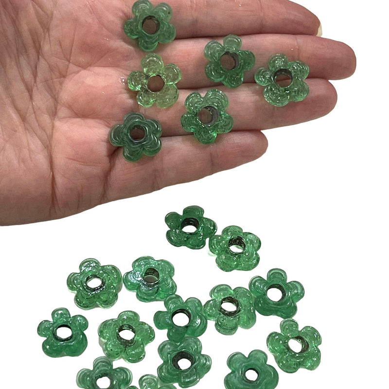 Hand Made Murano Glass Large Hole Tp. Green Flower Beads, 25 Beads in a pack