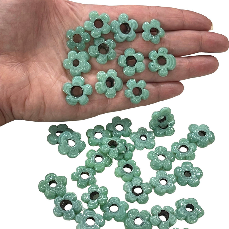 Hand Made Murano Glass Large Hole Seafoam Flower Beads, 50 Beads in a pack