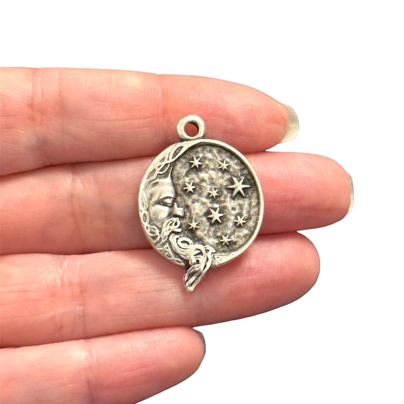 Antique Silver Plated Crescent Moon and Stars Charm