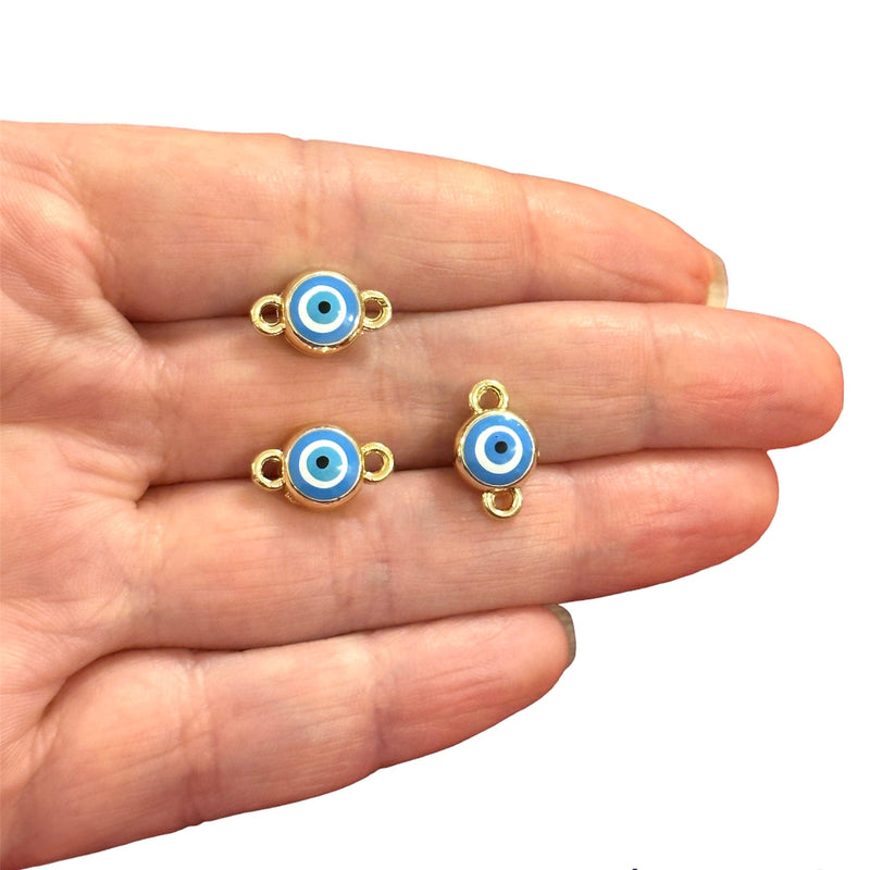 24Kt Gold Plated Double Sided Enamelled Evil Eye Connector Charms, 3 pcs in a pack