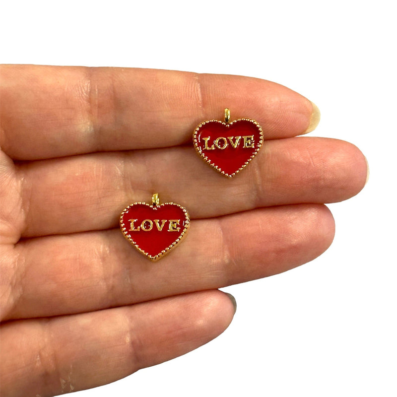 24Kt Gold Plated Red Enamelled Love Heart Charms, 2 pcs in a pack