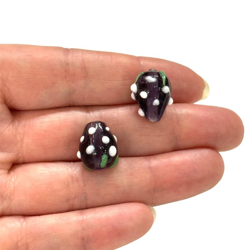 Hand Made Raspberry Glass Vertical Hole FruitVine Beads, 2 Pcs in a pack