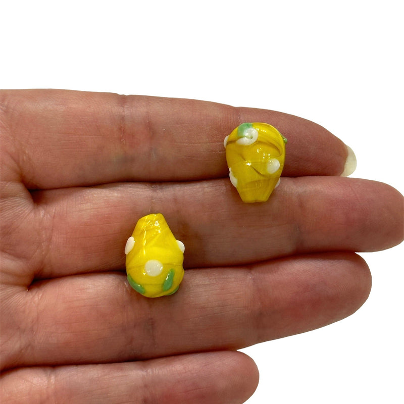 Perles de vigne fruitées à trou vertical en verre jaune fabriquées à la main, 2 pièces dans un paquet