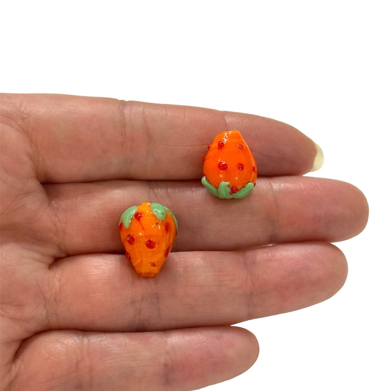 Hand Made Glass Orange Strawberry Beads - 16x13mm, 2mm Hole, Pack of 2