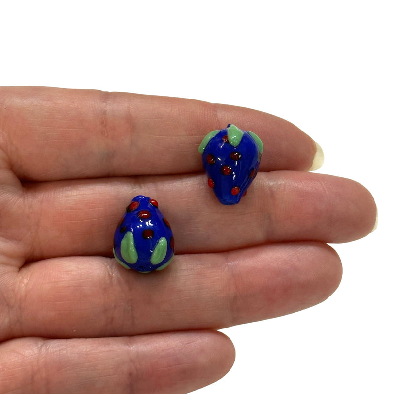 Hand Made Glass Navy Strawberry Beads - 16x13mm, 2mm Hole, Pack of 2