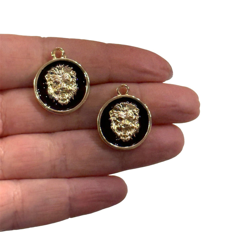 24Kt Gold Plated Black Enamelled Lion Head Charms, 2 Pcs in a pack