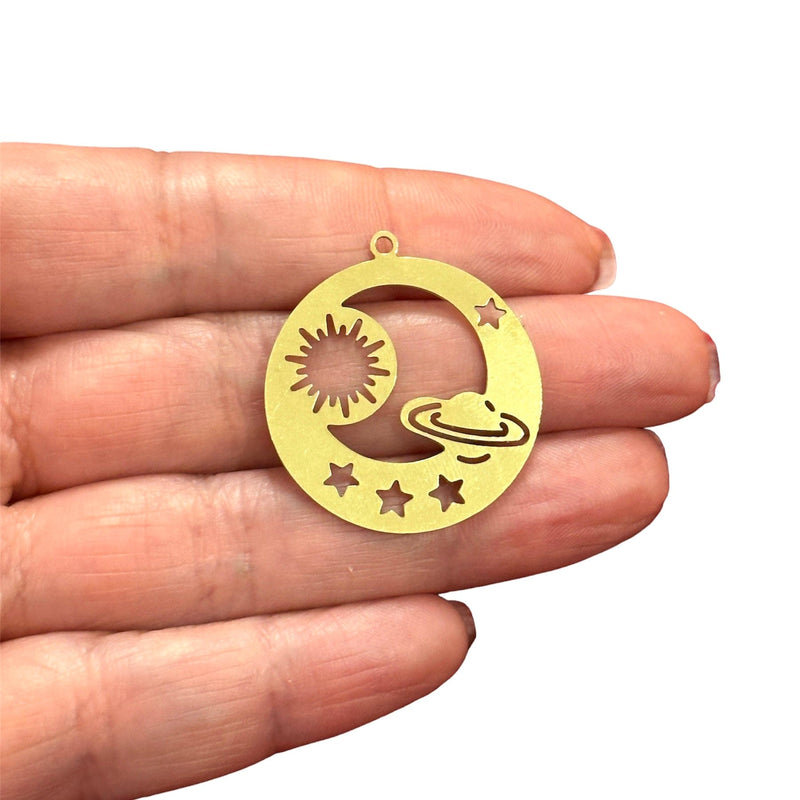 Raw Brass Saturn Planet Moon Sun Stars Charm, Laser Cut Planet Charm