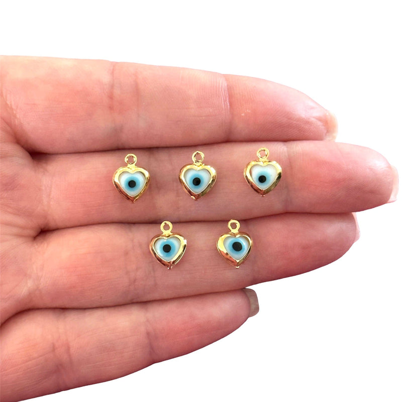 24Kt Gold Plated White Glass Evil Eye Heart Charms, 5 pcs in a pack