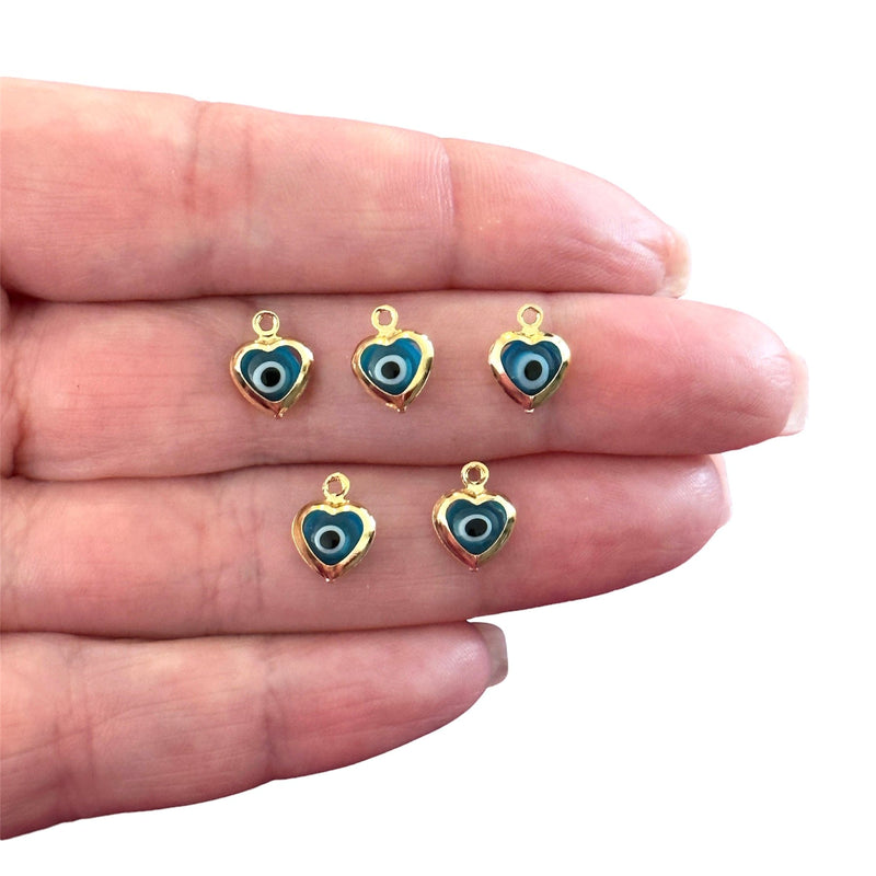 24Kt Gold Plated Blue Glass Evil Eye Heart Charms, 5 pcs in a pack