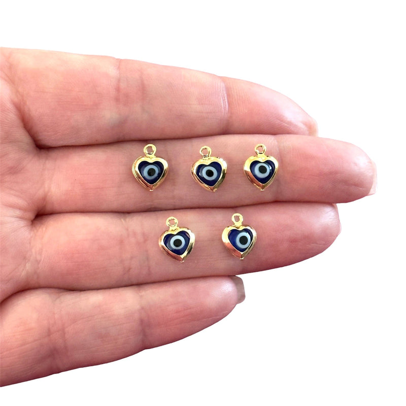 24Kt Gold Plated Navy Glass Evil Eye Heart Charms, 5 pcs in a pack