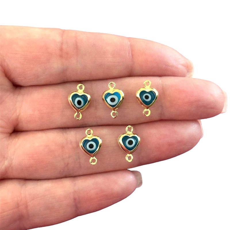 24Kt Gold Plated Blue Glass Evil Eye Heart Vertical Connector Charms, 5 pcs in a pack