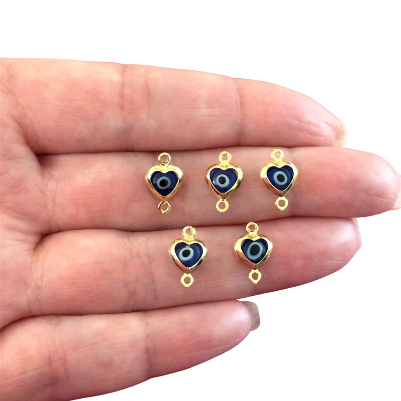 24Kt Gold Plated Navy Glass Evil Eye Heart Vertical Connector Charms, 5 pcs in a pack