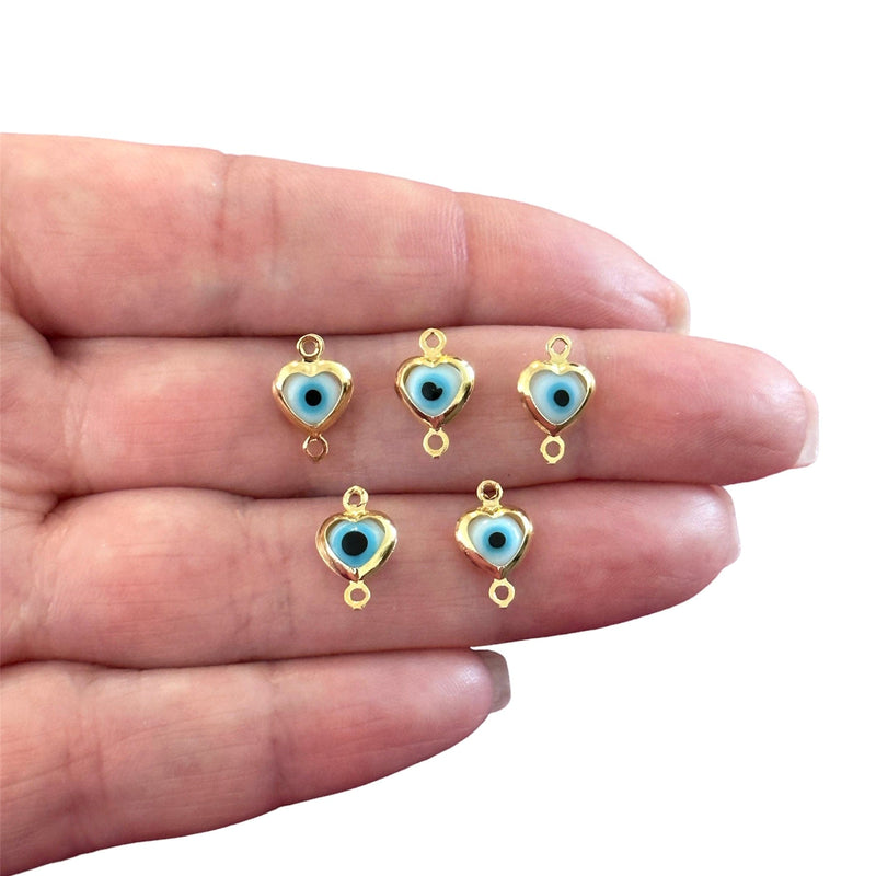 24Kt Gold Plated White Glass Evil Eye Heart Vertical Connector Charms, 5 pcs in a pack