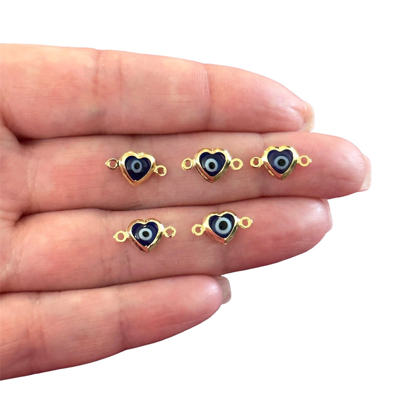 24Kt Gold Plated Navy Glass Evil Eye Heart Horizontal Connector Charms, 5 pcs in a pack