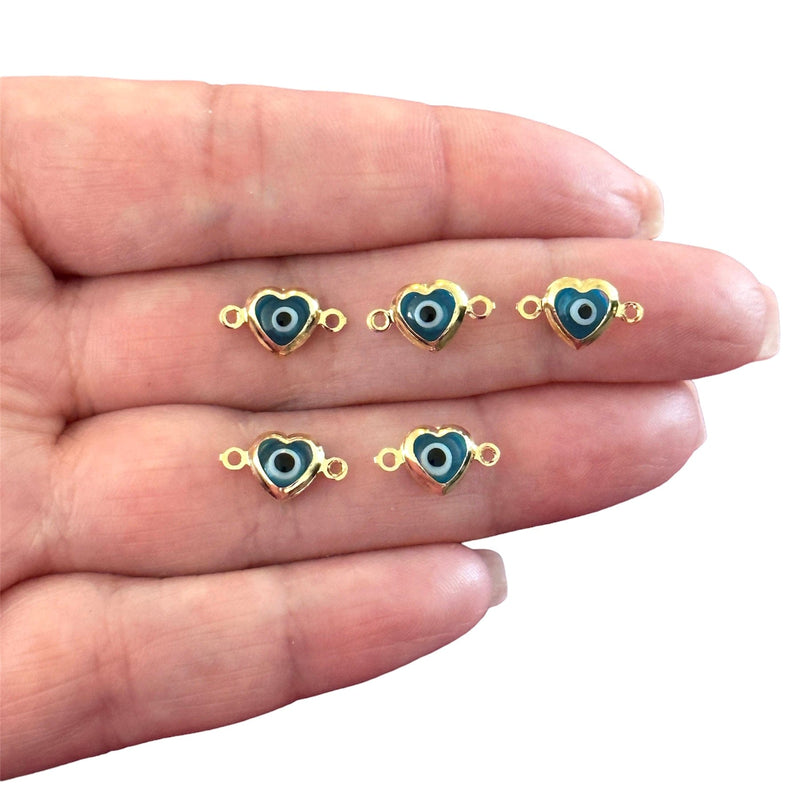 24Kt Gold Plated Blue Glass Evil Eye Heart Horizontal Connector Charms, 5 pcs in a pack