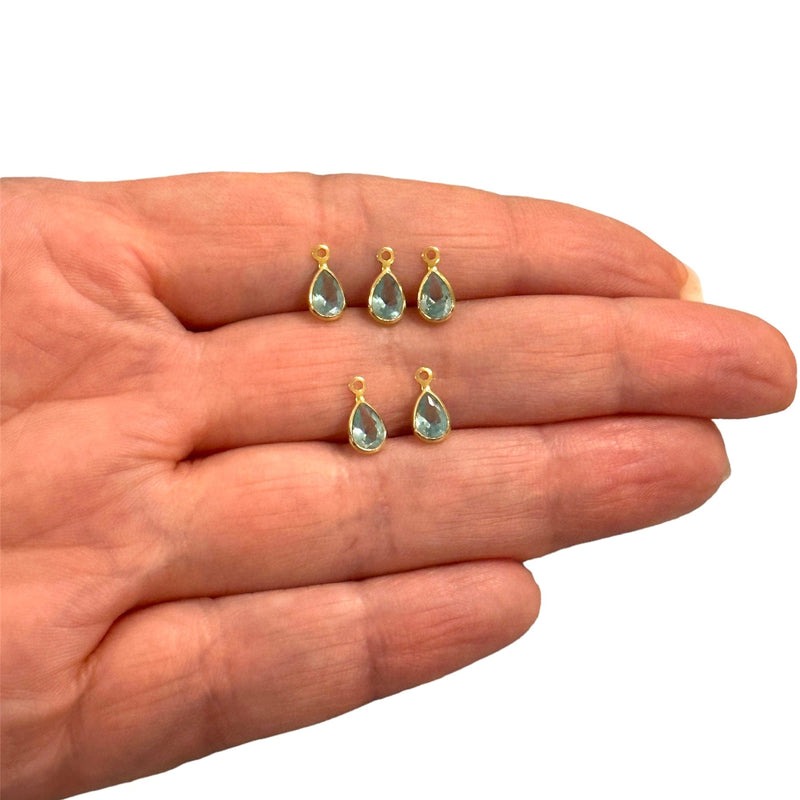 24Kt Gold Plated Aquamarine Cubic Zirconia Drop Charms, 5 pcs in a pack