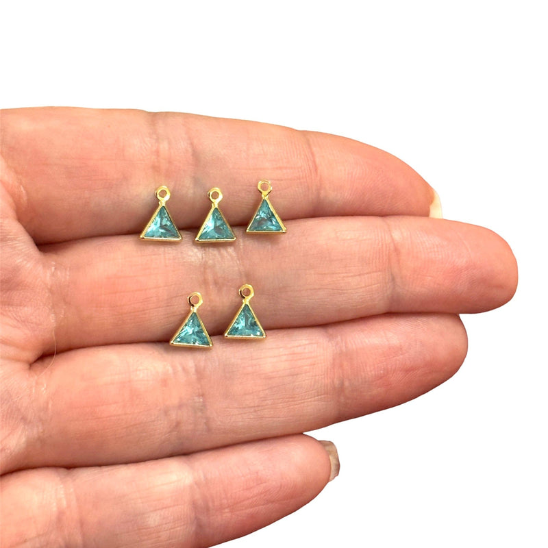 24Kt Gold Plated Blue Zirconia Cubic Zirconia Triangle Charms, 5 pcs in a pack