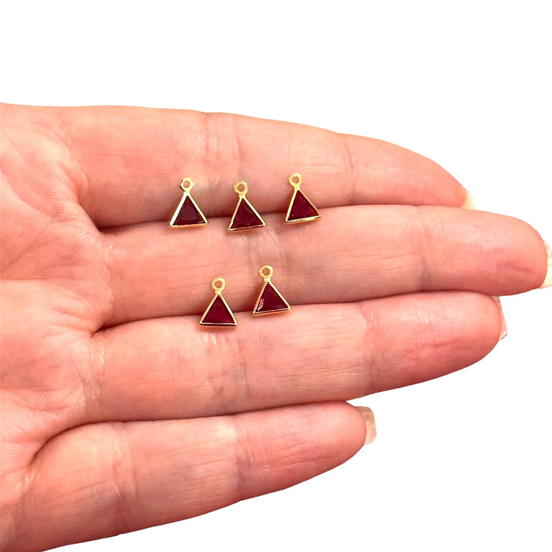 24Kt Gold Plated Ruby Cubic Zirconia Triangle Charms, 5 pcs in a pack