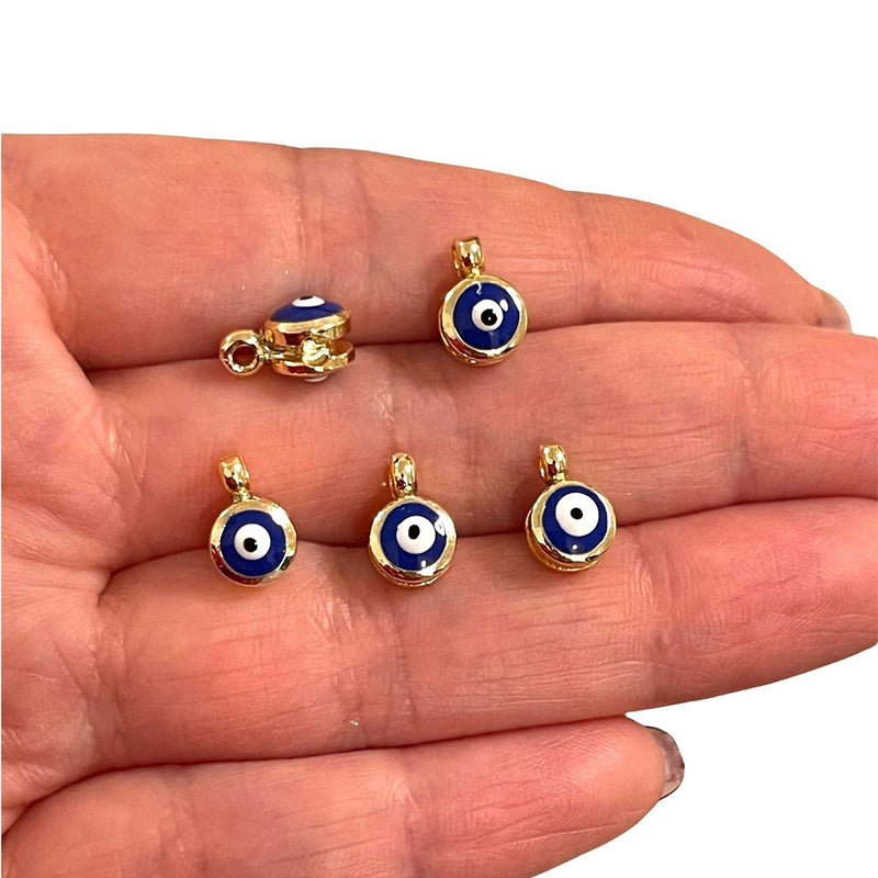 24Kt Gold Plated Double Side Navy Enamelled Evil Eye Charms, 5 pcs in a pack