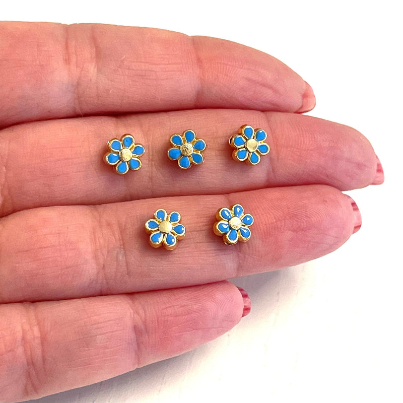 24Kt Gold Plated Double Side Blue Enamelled Daisy Charms, 5 pcs in a pack