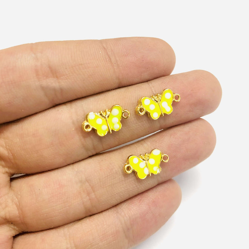 24Kt Gold Plated Neon Yellow Enamelled Butterfly Connector Charms, 3 pcs in a Pack