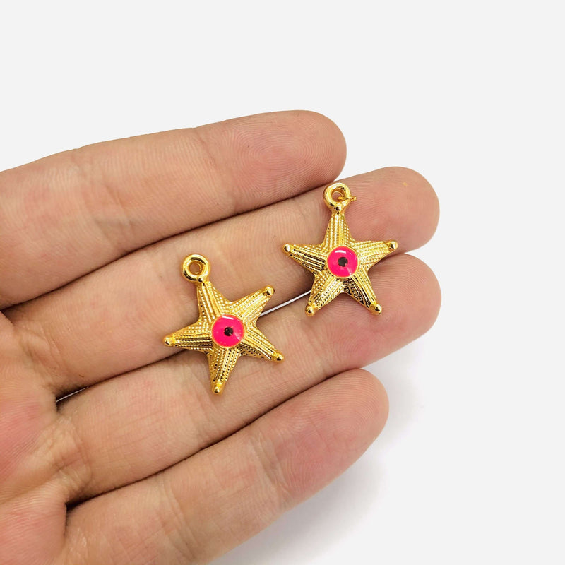 24Kt Gold Plated Starfish Neon Pink Evil Eye Charms. 2 pcs in a pack